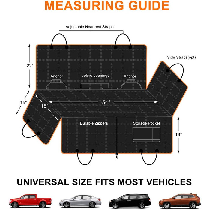 Накладка на сидіння для собак, гамак для заднього сидіння, водонепроникна, зносостійка, протиковзна, підходить для більшості авто, вантажівок, SUV, мініванів, ідеальна для великих та активних собак, Чорний, розмір 54'' x 58''