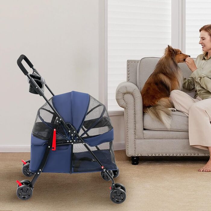 Візок для собак до 18 кг, складаний, легкий та портативний. Ідеальний для маленьких та середніх собак/кішок. Дихаюча сітка, тримач для напоїв та гальмівна система. Колір: морська хвиля