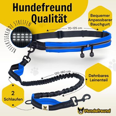 Повідок для бігу з собакою Hundefreund з поясом, синій, з амортизацією для середніх і великих собак – для бігу, велосипеда, дитячого візка, спорту, hands free