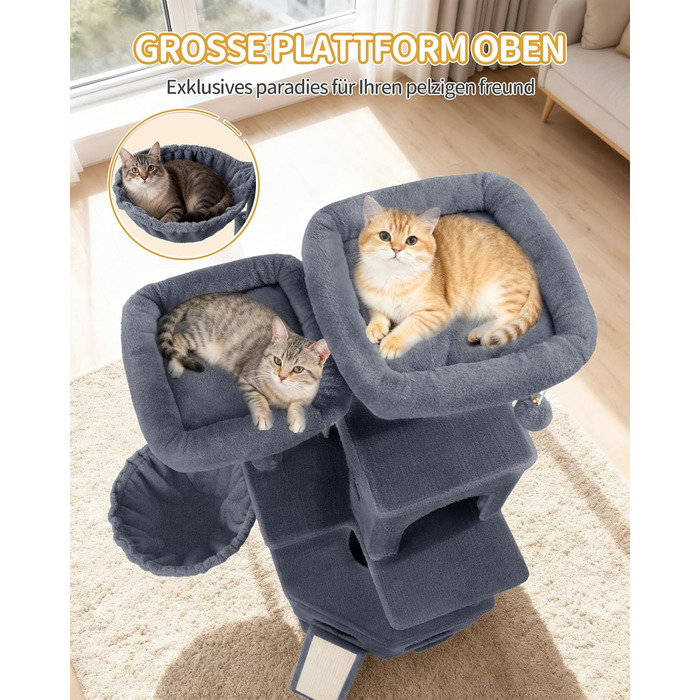 Кігтеточка для котів Hzuaneri, 174 см, XL, 2 платформи, 2 печери, 4 стовпчики, дошка для заточування кігтів, мотузка з сизалю, плюшеві кульки, для багатокотових сімей, MS17418LG (Темно-сірий)