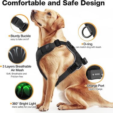 Світловідбиваючий нашийник для собак великих порід Feycig з LED підсвічуванням, акумуляторний, регульований, 3 режими освітлення, висока видимість (Чорний, Large)