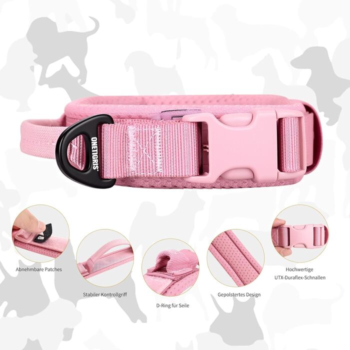 Нашийник для собак OneTigri, тактичний, м'який, з широкою кунттофчасною застібкою та кільцем з алюмінієвого сплаву, (30-40 см), рожевий, XS