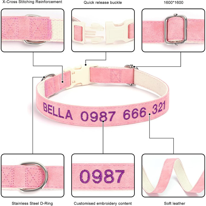 Персоналізоване собаче ошийник з металевою застібкою, двостороннє оксамитове ошийник з іменем та номером телефону, регульовані розміри для малих, середніх та великих собак (м'яке шкіряне ошийник)