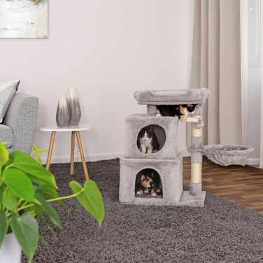 Кігтеточка для котів Lionto з м'ячиком та дзвіночком, висота 70 см, з сизалю та плюшу, зручна лежанка та печери, підходить для маленьких та великих котів, сірого кольору