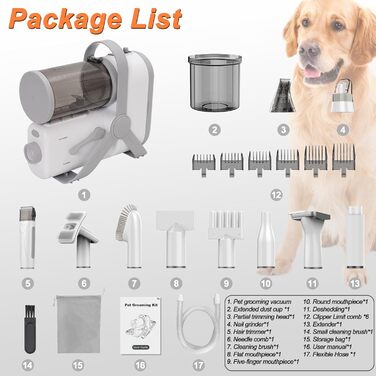 Машина для стрижки собак з пилососом, тиха, для собак та котів. Комплект з 10 інструментів для догляду, контейнер для сміття 2.0 л