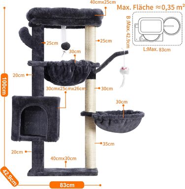 Котячий будиночок Heybly HCT006SW: високий кігтетопор 100 см з платформою, гамаком та іграшками