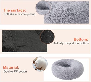 Кругле ліжко для собак OKPOW Donut: м'яке, затишне, антистрес для маленьких собак та котів, Ø60 см, світло-сірий