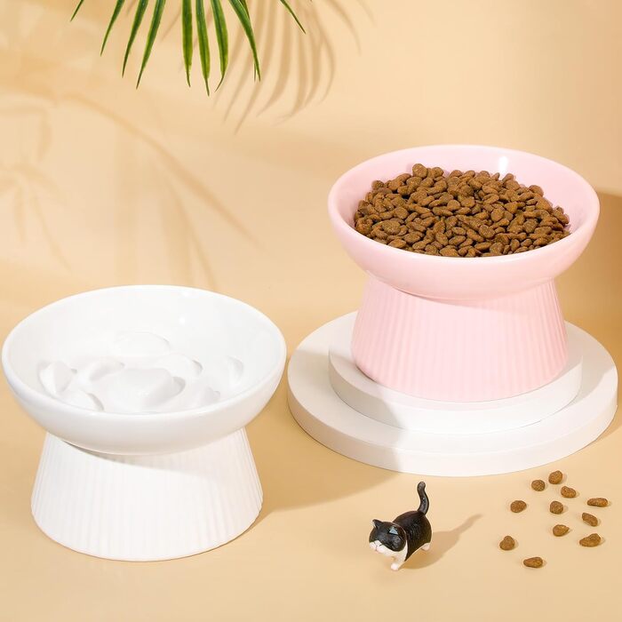 Підвищені миски для котів Layhit з кераміки, проти блювоти, повільне годування, для сухого та вологого корму, кошенята, 2 шт. (рожевий / білий)