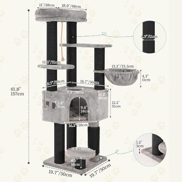 Котячий комплекс YITAHOME для великих котів, когтеточка, будиночок, платформа, 157 см, сірий