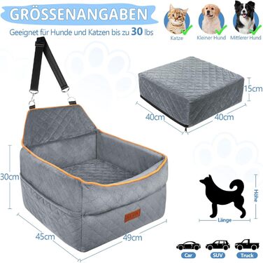 Підвищення для собак, сіре, до 15 кг, знімний, миючий, з кишенями для зберігання, для передніх та задніх сидінь