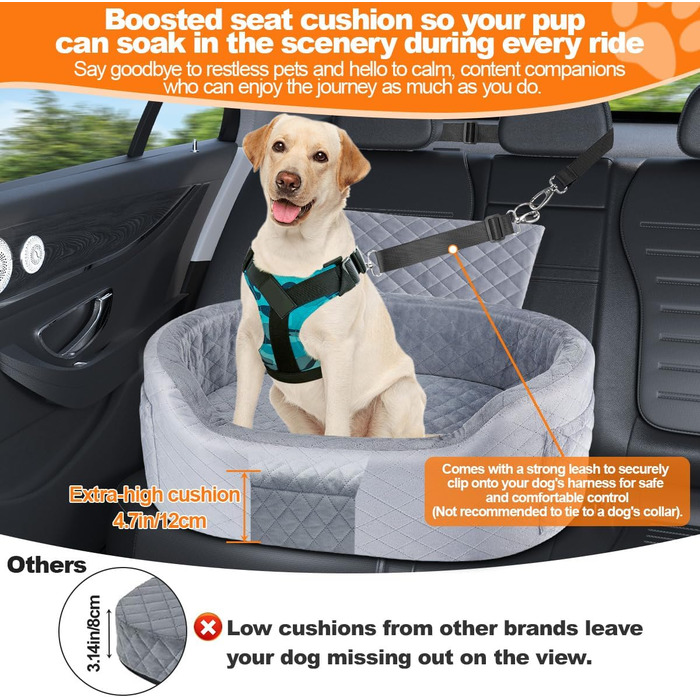 Підвищення для собак середніх та великих порід (до 25,4 кг), сірий колір, розмір L. Зручне автоліжко для собак з пам'яттю, з кишенями, ковдрою та ременем безпеки.