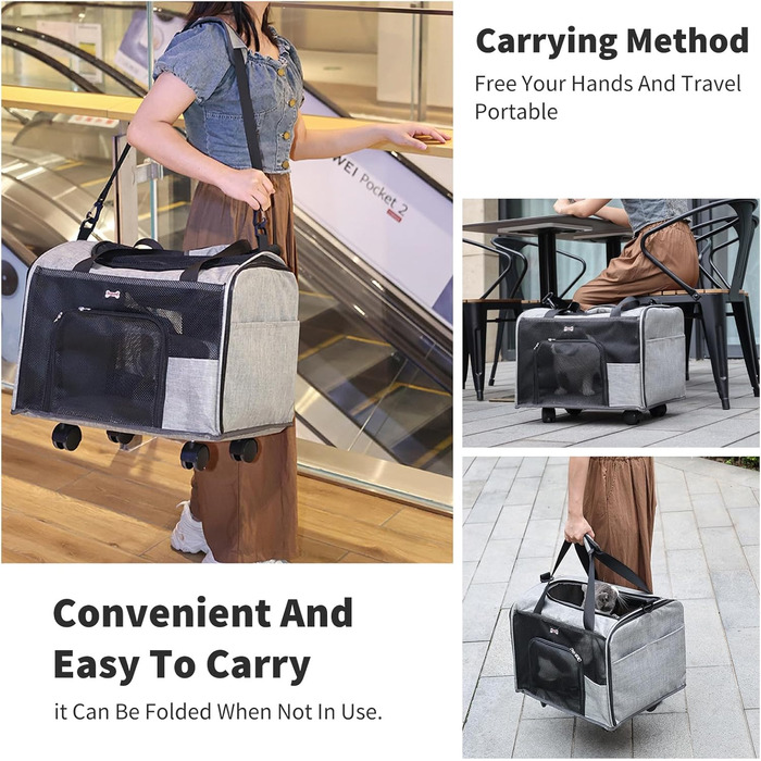 Транспортний бокс для котів та собак PETCUTE, складаний, з килимком, бічні кишені, з колесами, для подорожей та кемпінгу, сірий