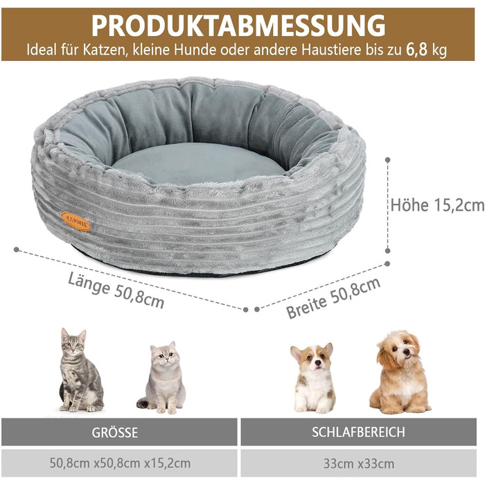 Кругле ліжко для котів та собак, сіре, 50.8 см, з м'яким флісовим покриттям, миється, зручне для сну