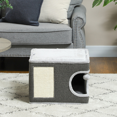 PawHut Scratching Barrel, висота 35 см Cat Barrel з порожнистою, Cat Post з Play Ball, Cat Tower з Сизалю, для котів до 6 кг, Темно-Сірий+Кремово-Білий | Аосом