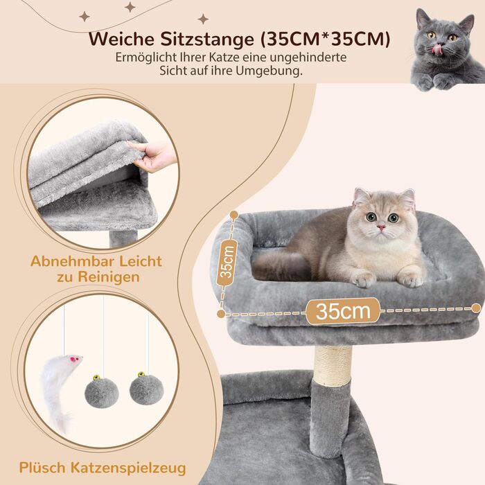 Драбина для котів Globlazer XXL 193 см з будиночком, гамаком, платформами та іграшками. Стабільна для 3-5 котів. Сірий колір.