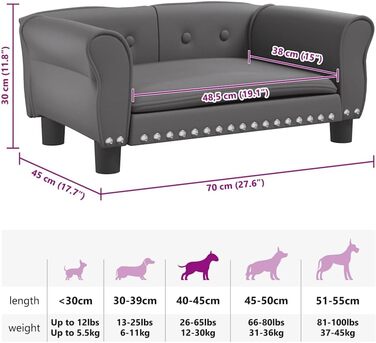 Диван для собак, м'яке ліжко для домашніх тварин, лежанка для собак з штучної шкіри, ліжко для цуценят, диван для домашніх тварин, будиночок для собак, для великих та середніх собак, сучасний та елегантний дизайн, сірий, 70x45x30 см