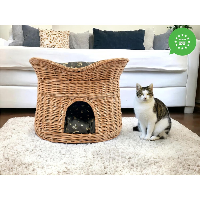 Котячий кошик для сну XL 70 см, двоповерхова хата з лози з подушками, темно-коричневий, натуральний колір, для котів і собак, кімнатний