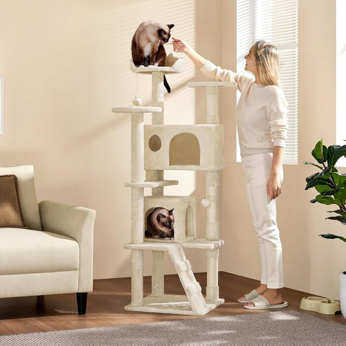 Кігтеточка велика Yaheetech 158 см, Кліматичний комплекс для котів з 3 платформами, 3 стовпчиками для шліфування, 2 будиночками, іграшками, бежевий, 49 x 49 x 158 см
