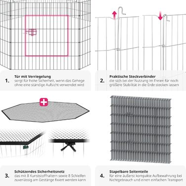 Вольєр Tectake® з захисним сітком, секційна огорожа, розкладна та розширювана, для дрібних тварин, кроликів, як загородження для собак, собачий вольєр, для цуценят, вольєр для кроликів, вуличний вольєр, діаметр 145 см, чорний