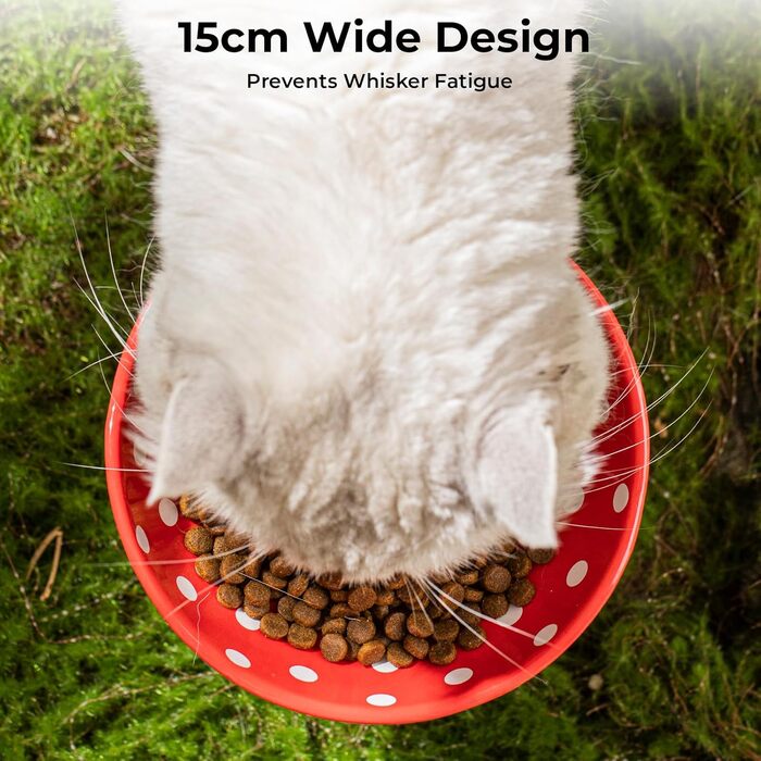 Підвищений годівниця для котів, керамічна миска у формі гриба, широка та плоска миска для котів на підставці, миска для котів, що запобігає блювоті, миска для кошенят та літніх котів (червона)