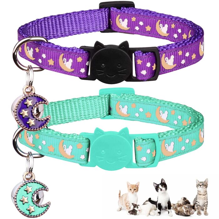 Нашийники для котів з застібкою-карабіном, регульовані, з дзвіночком, чорний + синій, 2 шт., 20,3 - 33,3 см