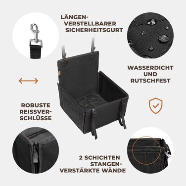 Автокрісло для собак WUGLO Extra Stable - чорне, для малих та середніх порід, водонепроникне, з 4 ременями кріплення