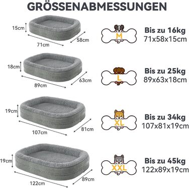 Ортопедичне ліжко для собак великих та середніх порід, XL, з м'якою подушкою для шиї, Memory Foam, вологостійке, неслизьке, знімний кошик, сірий, 107 x 81 x 19 см