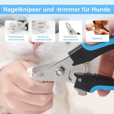 Набір для грумінгу собак та котів (9 предметів) - щітка для самостійного очищення, гребінець для видалення ковтунів, триммер для нігтів з напилком, гребінець від бліх, рукавичка для миття - професійний набір для догляду за шерстю (синій)