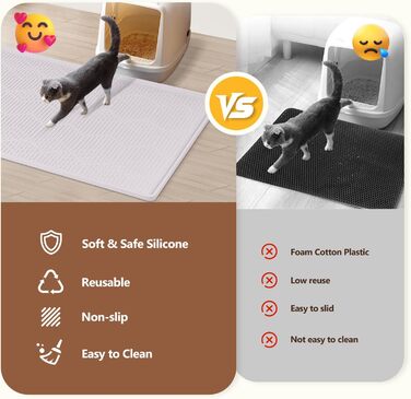 Килимок для котячого туалету Bartuke з іграшкою-м'ячиком, 86 x 56 см, силіконовий, контролює розсипання, м'який для лапок, легко миється (Білий)