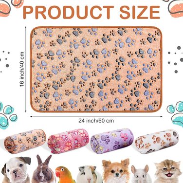 М'яка ковдра для морських свинок та тварин (60 x 40 см) з малюнком лапок - вбираюча, для клітки, миється, з флісу