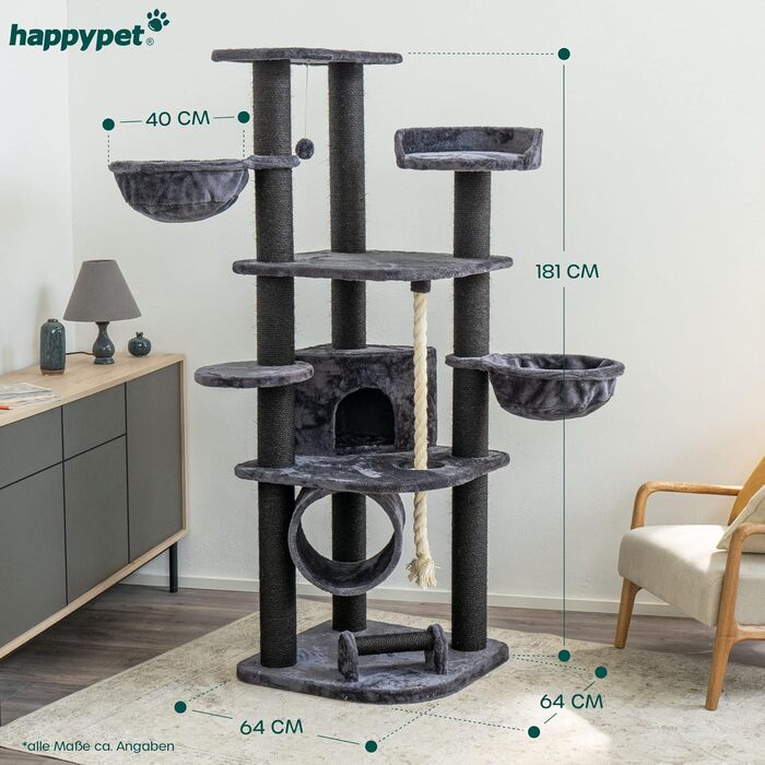 Великий котячий дряпак HAPPYPET 181 см, стабільний кіт-дерево з товстими стовпами 11 см, будиночок, ігровий тунель, великі лежанки, мотузка для ігор, антрацит
