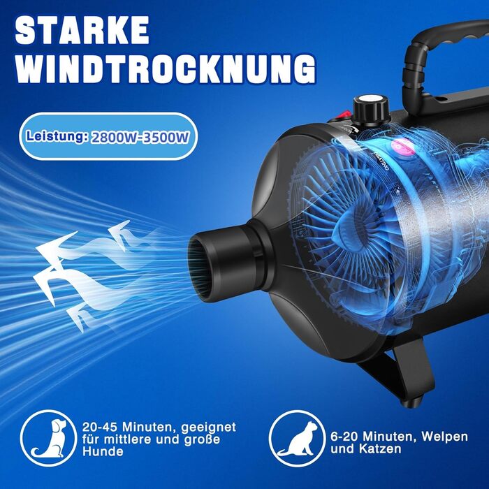 Сушарка для собак 3500W, тиха, професійна, з 4 насадками, для грумінгу та догляду за тваринами