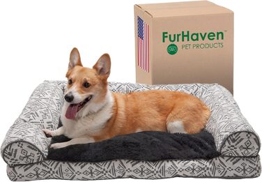 Велике лежак-матрац для собак Furhaven з плюшем і декором у стилі південно-західного килима, диванна форма, знімний та праний чохол, колір сіро-коричневий, розмір L