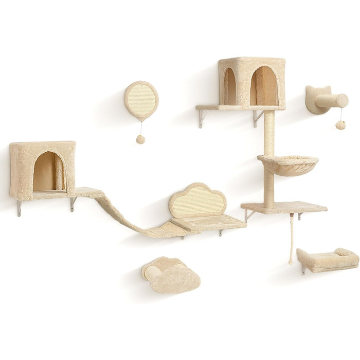 Комплекс для котів BYBYME з гамаком, ліжком та полицями, 6шт. Міцні меблі для котів з плюшевою стійкою, когтеточкою та сизалевими стовпчиками (Бежевий)