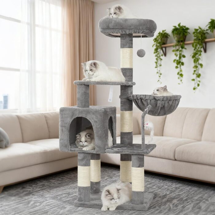 Комплекс для котів Heybly Kratzbaum HCT004SW: Дряпка-кігтеточка з іграшками, будиночок, лежанка, сізаль, світло-сірий (43.3 дюйми)