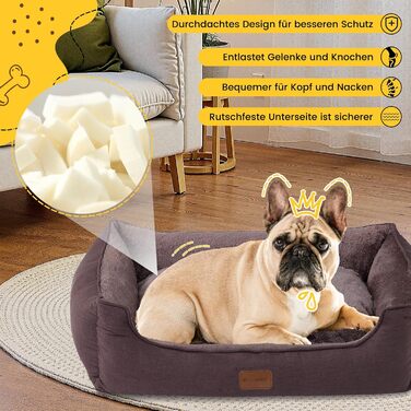 Ортопедичне ліжко для собак середніх та великих порід, 73x59x18 см, супер м'яке та затишне, кошик для собак з високим бортиком, знімний та пральний чохол, неслизьке, темно-коричневе, для дому та авто