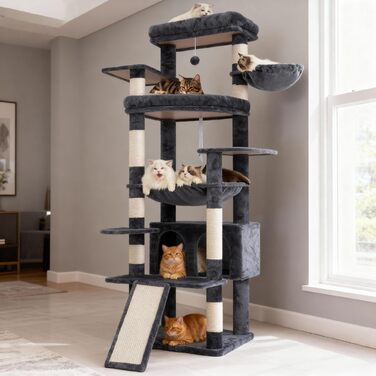 Драбина-будинок для котів Heybly HCT038W (Сірий) - 202 см з 2 платформами, будиночком, гамаком та сизалевим стовпом