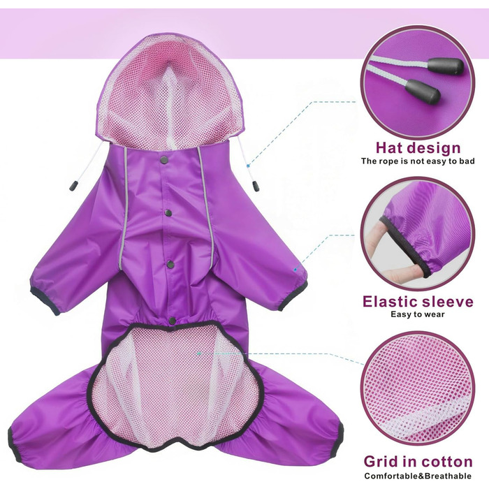 Водонепроникний дощовик для собак Idepet, дощова куртка для собак, захист від вітру та води, з капюшоном, зелений (M, Lila)