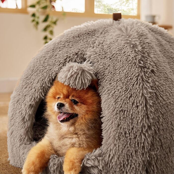 Кішечка БЕДСЮР: велике ліжко-будиночок для котів 40x40x40 см, плюшеве, з подушкою та іграшкою, миється, (44x44x44 см, верблюжий)