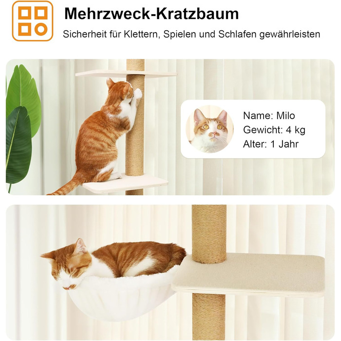 Драбина-кіготь для котів FUKUMARU, 4 яруси, до стелі (251-274см), кріпиться до стіни, з джутової тканини та зручною гамаком, бежева