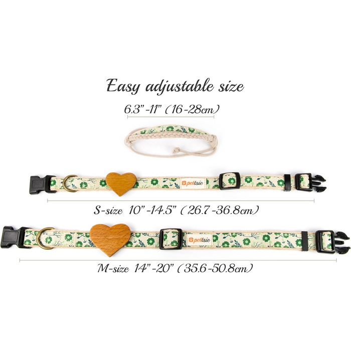 Нашийник для собак Pettsie з серцем та браслетом дружби, регульовані розміри S та M, зручний дизайнерський льон, міцний та довговічний, чудовий подарунок для любителів собак, (35,6 - 50,8 см (M), Зелений)