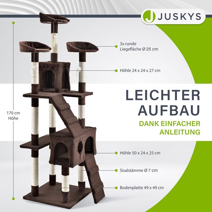 Дряпка для котів Juskys XXL Amy, 170 см, з будиночками, лежанками, драбинами і стовпами з сизалю, коричнева