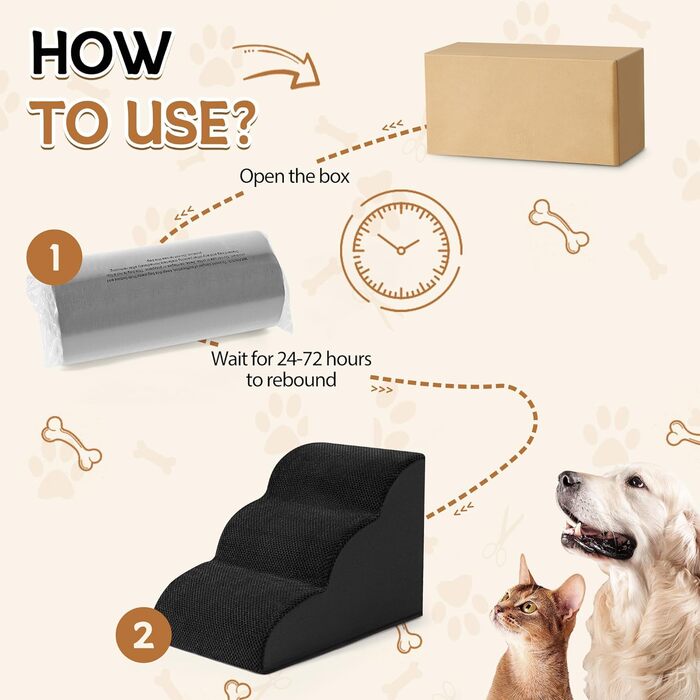 Сходинка для собак та котів ROMROL 3 сходинки - чорна, з неслизьким покриттям, з memory foam, для дому