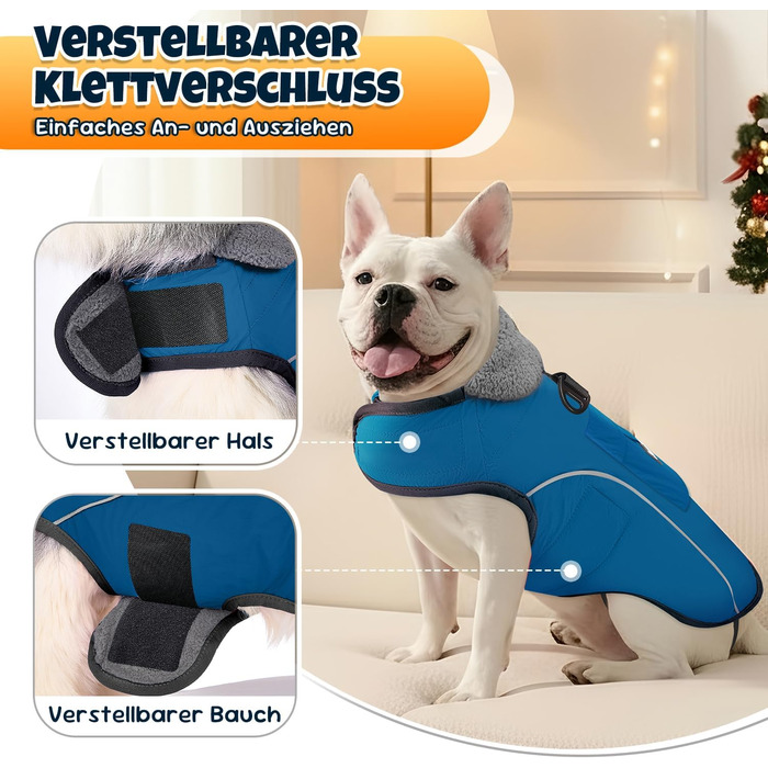 Зимовий одяг для собак: водонепроникна та вітрозахисна флісова куртка з кільцем D та кишенею, світловідбиваюча жилетка для середніх собак, блакитна, розмір L