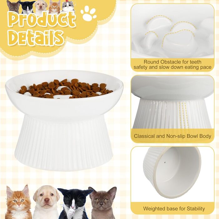 Підвищена годівниця для котів Tioncy, кераміка, 2 шт., без розливання, високий борт для сухого та вологого корму, легко мити, для котів