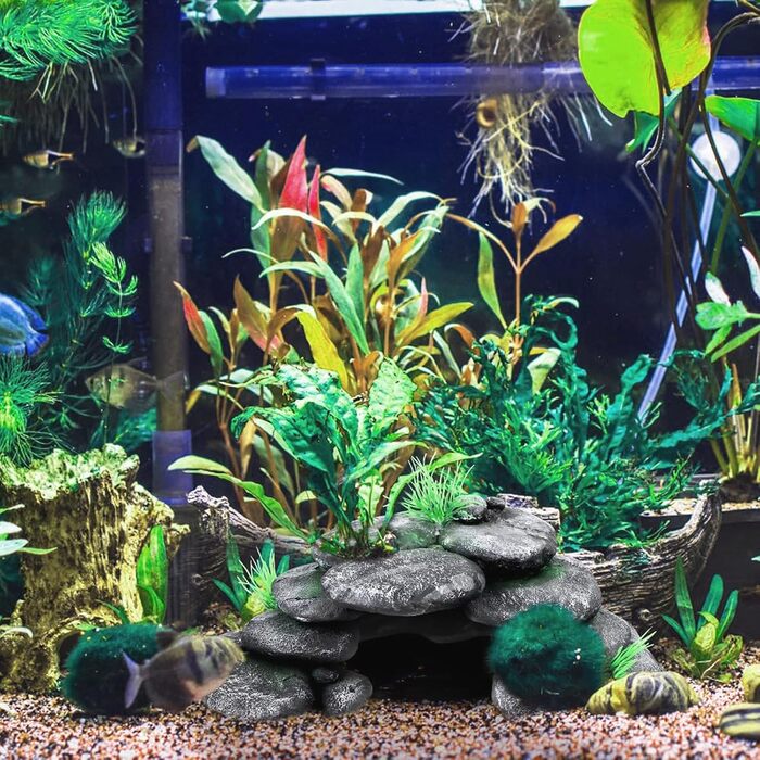 Печера для акваріума Bebochoi, декор для акваріума великий, печерна декорація з зеленою травою, аксесуари для черепах, для риб та креветок, укриття, декор з гірського каменю, 23 x 12.5 x 7.5 см