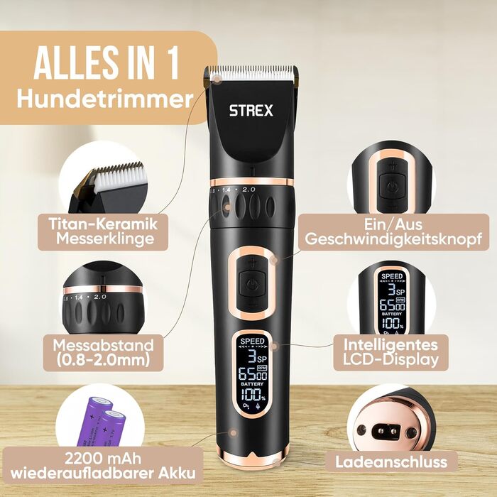 Машинка для стрижки собак Strex - тиха, бездротова, 5 режимів, для всіх типів шерсті (також для котів)