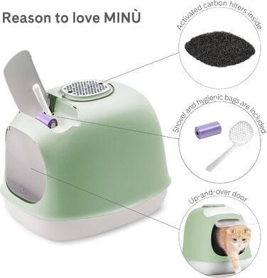 UNITED PETS Minù закрита туалет для котів з кришкою, лопаткою і фільтром, гігієнічна, зелено-біла, виробництво Італія