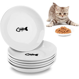 Набір мисок для котів CROUTE (6 шт.) - керамічні, плоскі, анти-високочування, білий (візерунок 'Рибка')