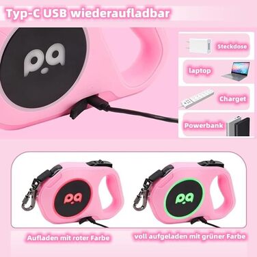 Висувна поводок для собак з LED-підсвічуванням, гальмом та системою швидкого розблокування. 5м нейлоновий поводок для собак середніх та маленьких порід (до 40 кг). Білий/Рожевий колір